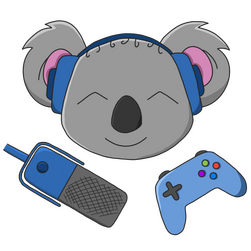 Happy koala wearing headphones, podcasting microphone and gaming controller underneath the koala head.